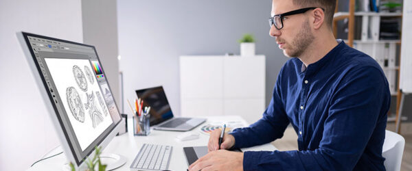 A man with glasses is sitting at a modern desk, working on a digital tablet while looking at a large computer monitor displaying graphic designs. Color swatches are arranged on the desk, and a small plant is visible in the background.