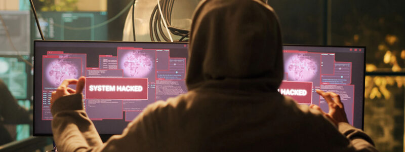 A person in a hoodie viewed from behind, gesturing triumphantly in front of dual computer monitors displaying red "SYSTEM HACKED" warning pop-ups.