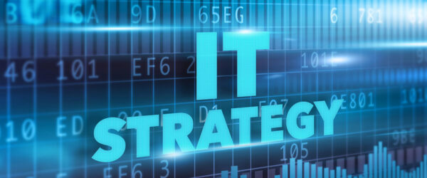 Digital graphic with glowing cyan text reading "IT STRATEGY" displayed over hexadecimal code and data charts.