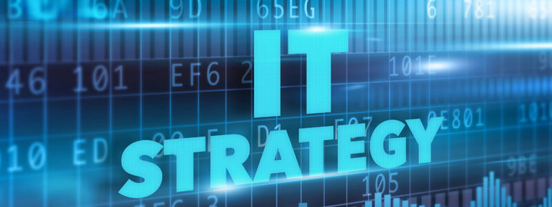 Digital graphic with glowing cyan text reading "IT STRATEGY" displayed over hexadecimal code and data charts.