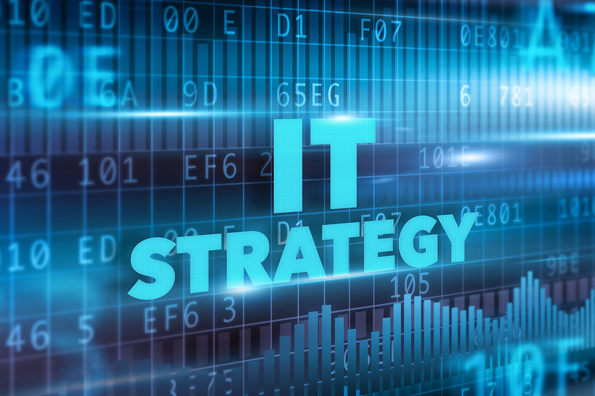 Digital graphic with glowing cyan text reading "IT STRATEGY" displayed over hexadecimal code and data charts.