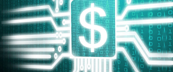 A glowing white dollar sign icon centered inside a microchip shape on a digital circuit board background. Glowing white trace lines extend outward from the central chip across a teal background filled with binary code and digital data patterns.
