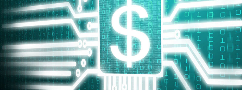 A glowing white dollar sign icon centered inside a microchip shape on a digital circuit board background. Glowing white trace lines extend outward from the central chip across a teal background filled with binary code and digital data patterns.