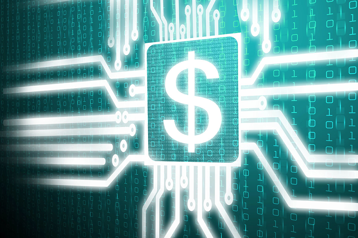 A glowing white dollar sign icon centered inside a microchip shape on a digital circuit board background. Glowing white trace lines extend outward from the central chip across a teal background filled with binary code and digital data patterns.