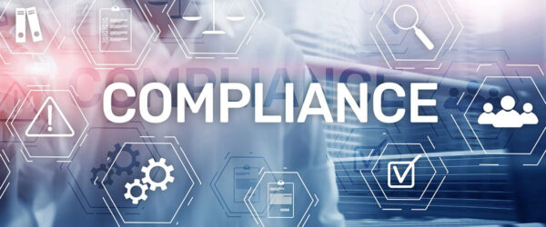 Abstract graphic featuring the word "COMPLIANCE" over a blurred image of a person in a suit, surrounded by icons for scales of justice, checklists, gears, and warnings.