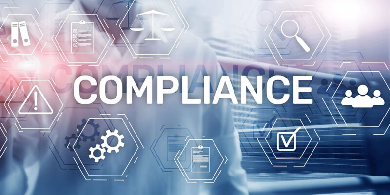 Abstract graphic featuring the word "COMPLIANCE" over a blurred image of a person in a suit, surrounded by icons for scales of justice, checklists, gears, and warnings.