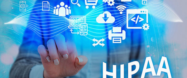 A professional reaching toward the word "HIPAA" surrounded by futuristic blue digital icons representing data, security, cloud storage, and communication.