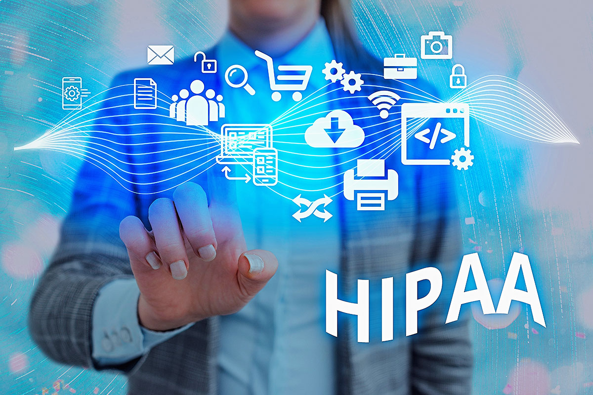 A professional reaching toward the word "HIPAA" surrounded by futuristic blue digital icons representing data, security, cloud storage, and communication.