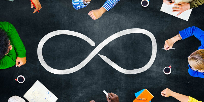 Top-down view of a team sitting around a dark table with a large drawn infinity symbol in the center.