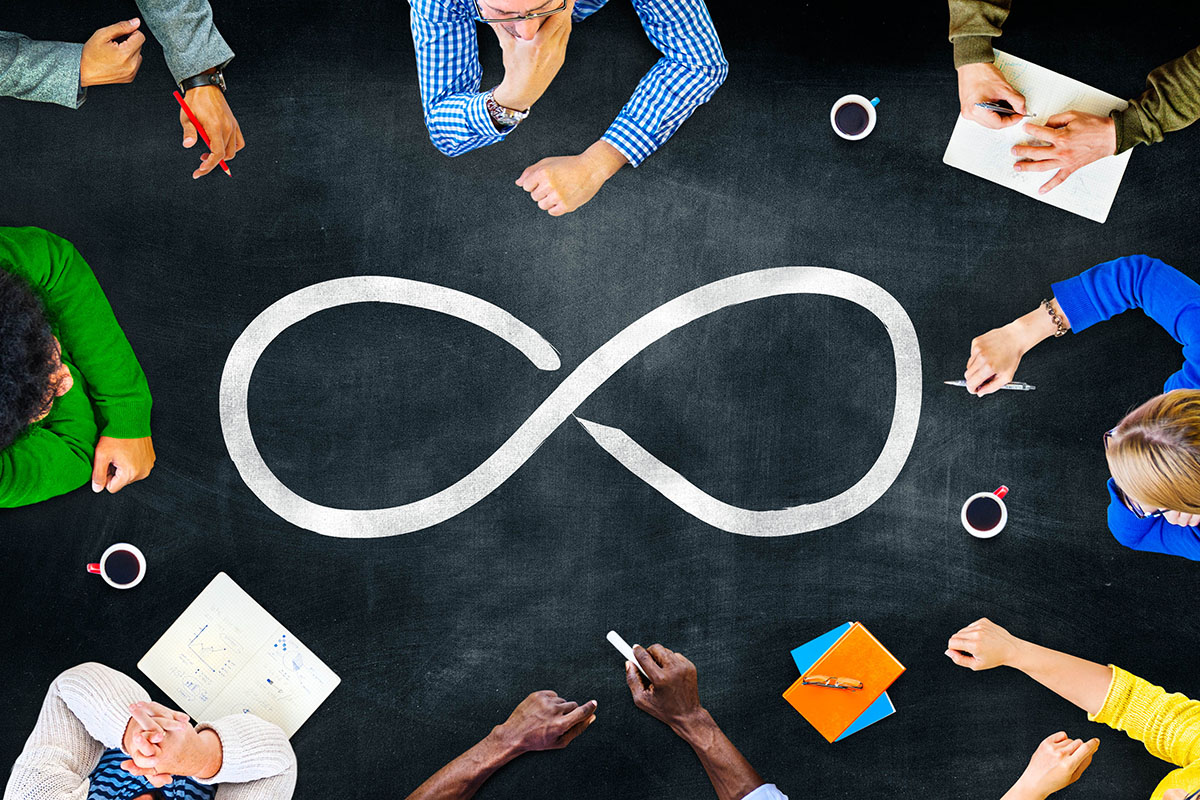 Top-down view of a team sitting around a dark table with a large drawn infinity symbol in the center.